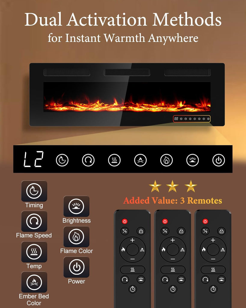 60" Electric Fireplace Insert| Wall Fireplace Electric with 3 Remote Controls |36 Custom Flame Effects