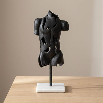 Metal Sculpture Statue - Room Decor Accent for Shelf, Desk, or Entry Placement, Abstract Torso Design on Marble Base