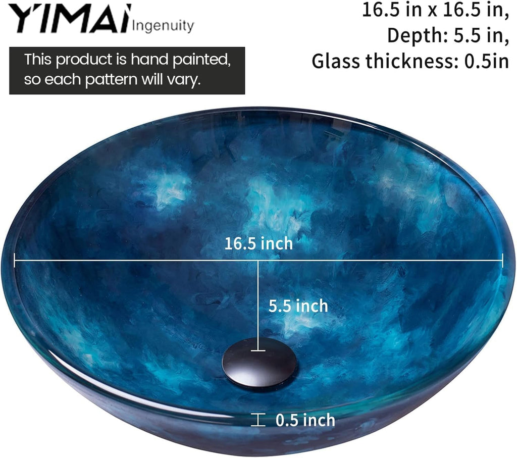 Vessel Sink 16.5" Bathroom Sinks Tempered Glass Blue Art Basin Round Bowl with Faucet Combo Blue,Modern Countertop