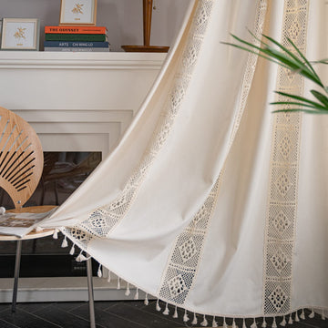 Boho Curtain Crochet Lace Patchwork Semi-Blackout Bohemian Handmade Tassels, Rod Pocket Window Treatment Vintage