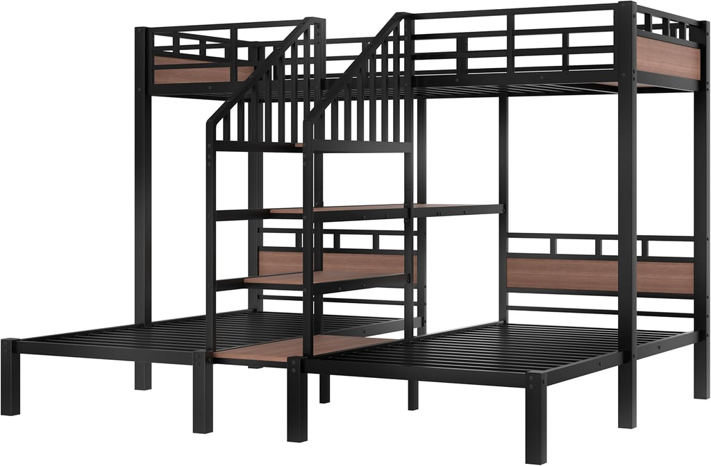 Twin Over Twin Over Twin Bunk Bed with Shelf and Storage Stairs