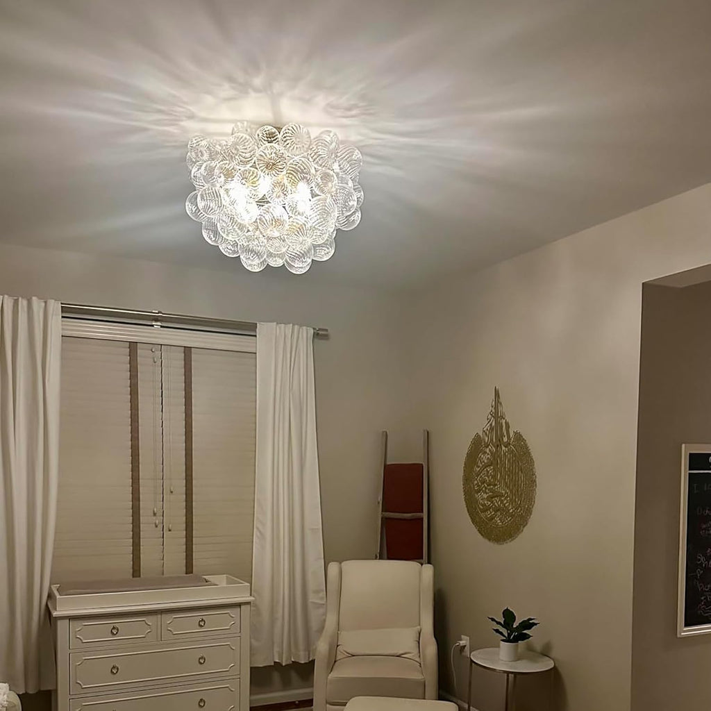 Semi Flush Mount Bubble Ball Chandelier Lighting 24 Inches Gold Clear Ribbed Blown Glass Chandeliers Ceiling Light
