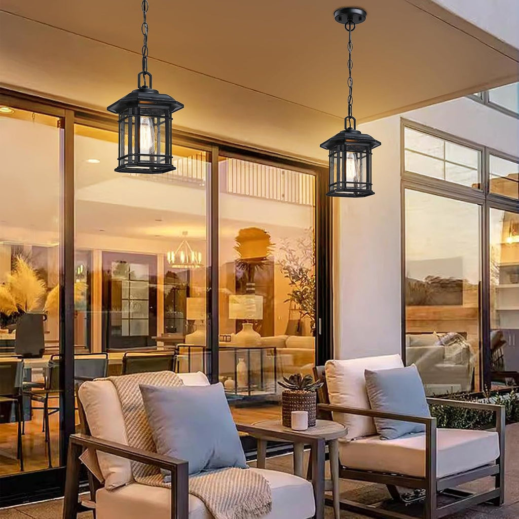 Outdoor Pendant Lights for Porch, Black Exterior Hanging Lanterns, Farmhouse Ceiling Light Fixture