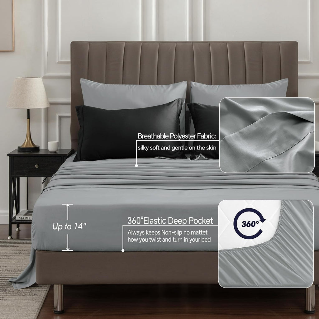 Queen Comforter Set 7 Pieces, Reversible Black Bed in A Bag - Set of 7