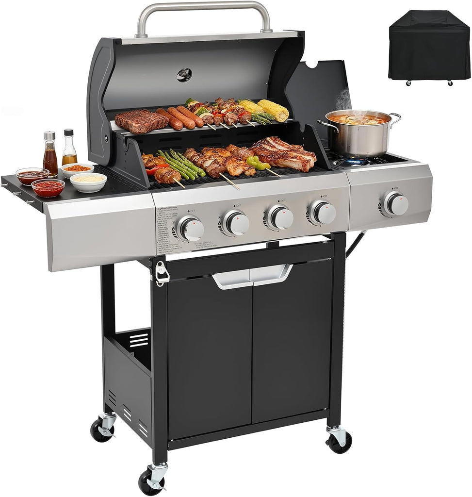 4-Burner Propane Gas Grill with Side Burner and Cover, 51,000 BTU Outdoor BBQ Grill, 452 Sq. In. Cooking Area for Patio and Backyard