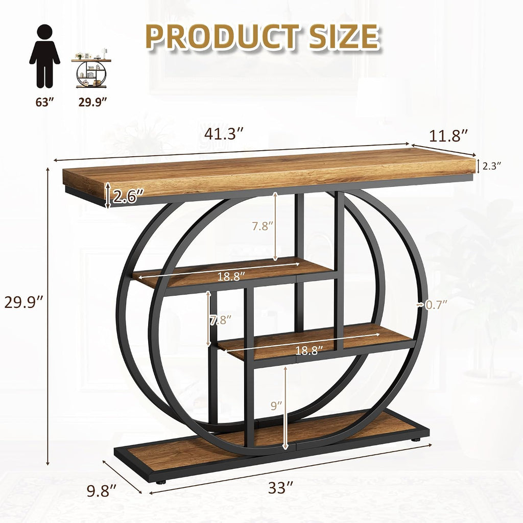 41.3" Console Table with Storage, Industrial Entryway Table, 4-Tier Shelves Sofa Table Behind Couch, Narrow Wood