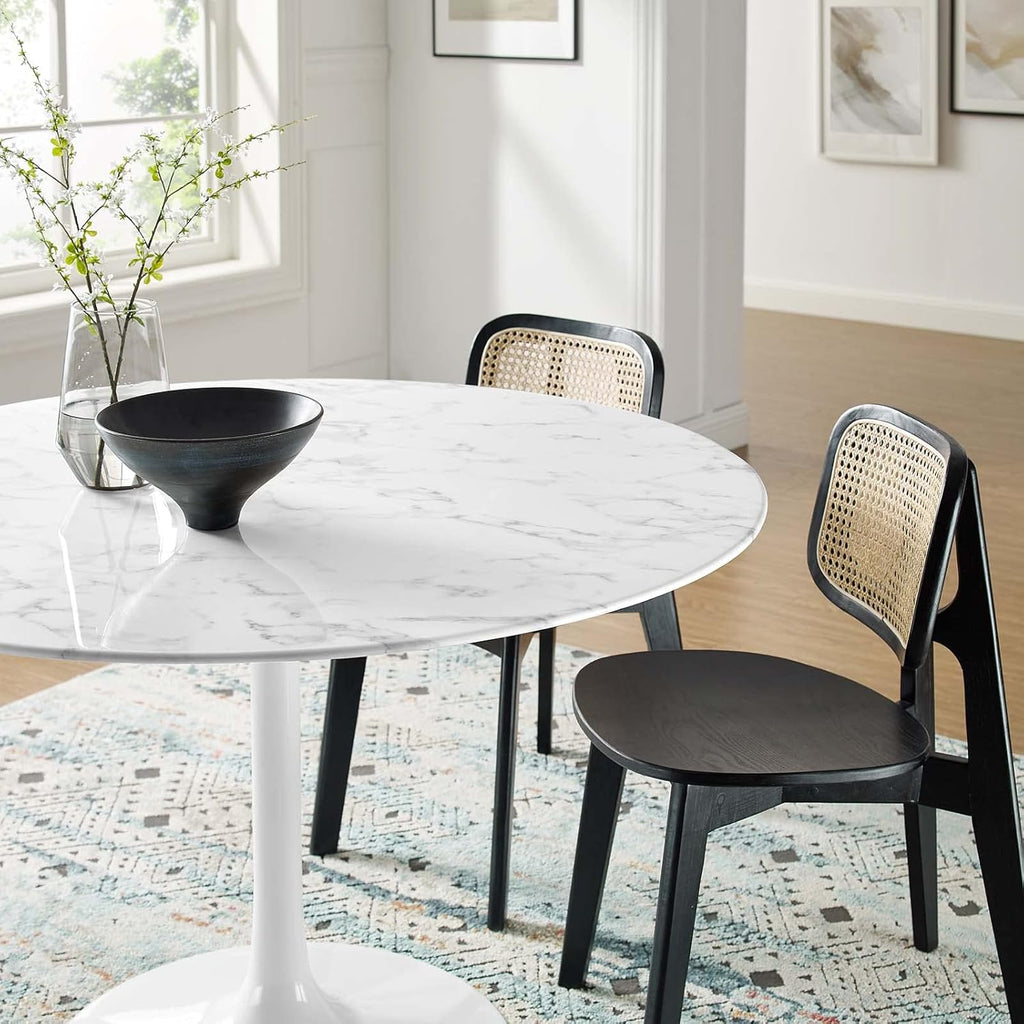 Inspired Saarinen Style Tulip Round Pedestal Dining Table — White Marble Top, 47″ Round