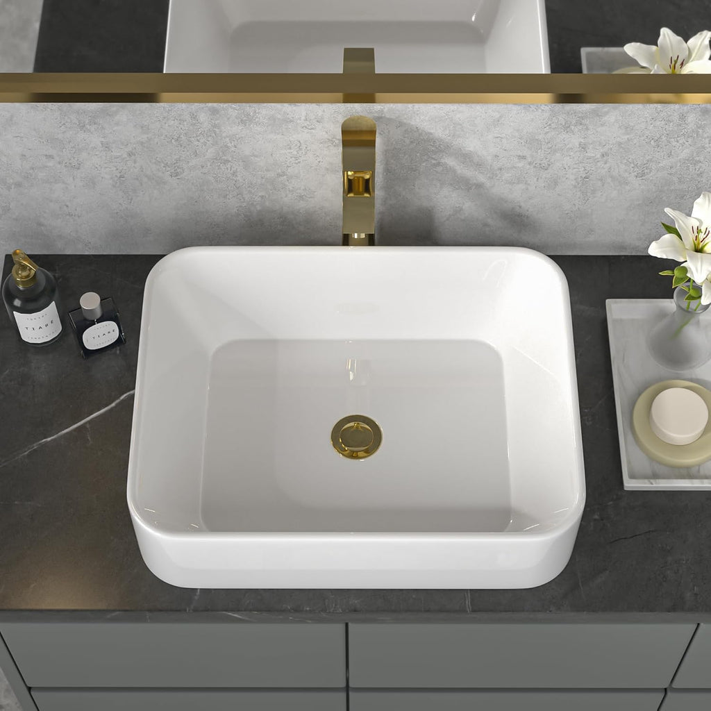 Vessel Sink Rectangular - 19"x15" White Bathroom Sink Rectangle Above Counter Porcelain Ceramic Bathroom Vessel