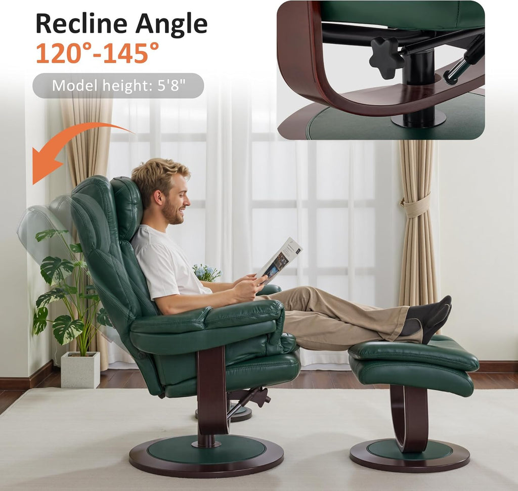 Modern Reclining Swivel Lounge Chair and Ottoman — Green Faux Leather
