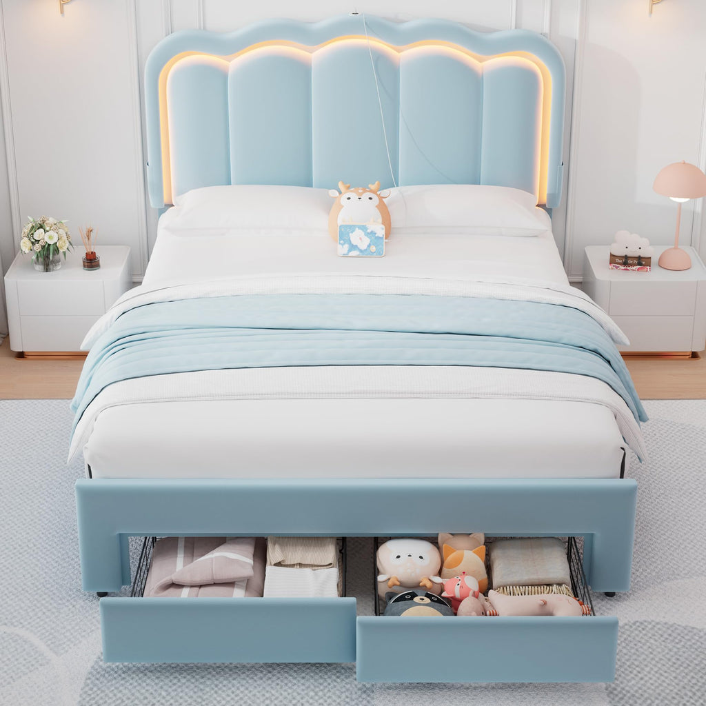 Full Upholstered LED Bed Frame with 2 Storage Drawers and Adjustable Chic Double Wavy Headboard, Velvet Princess