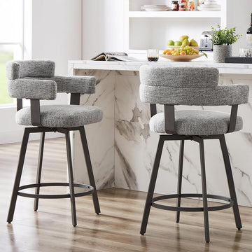 Counter Height Bar Stools with Full Back - Swivel Counter Stools Set of 2 with Linen Padded Back, Metal Footrest