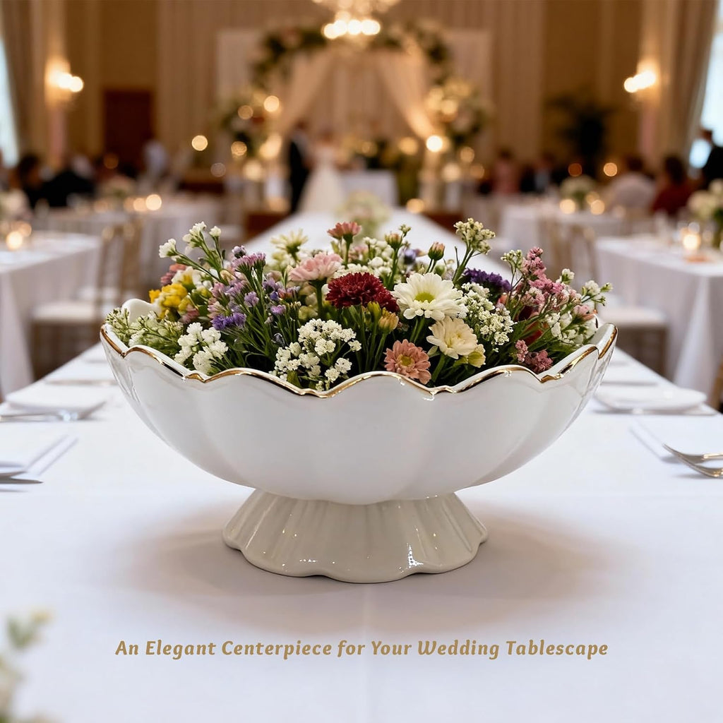 White Small Decorative Bowl 8 Inch Ceramic Key & Fruit Bowl Ruffle Lotus Shape with Gold Rim Candy Bowl, Multi-Use