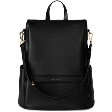Leather Diaper Bag Backpack with USB Charging port, Changing Pad, Stroller Straps (Black Mia)