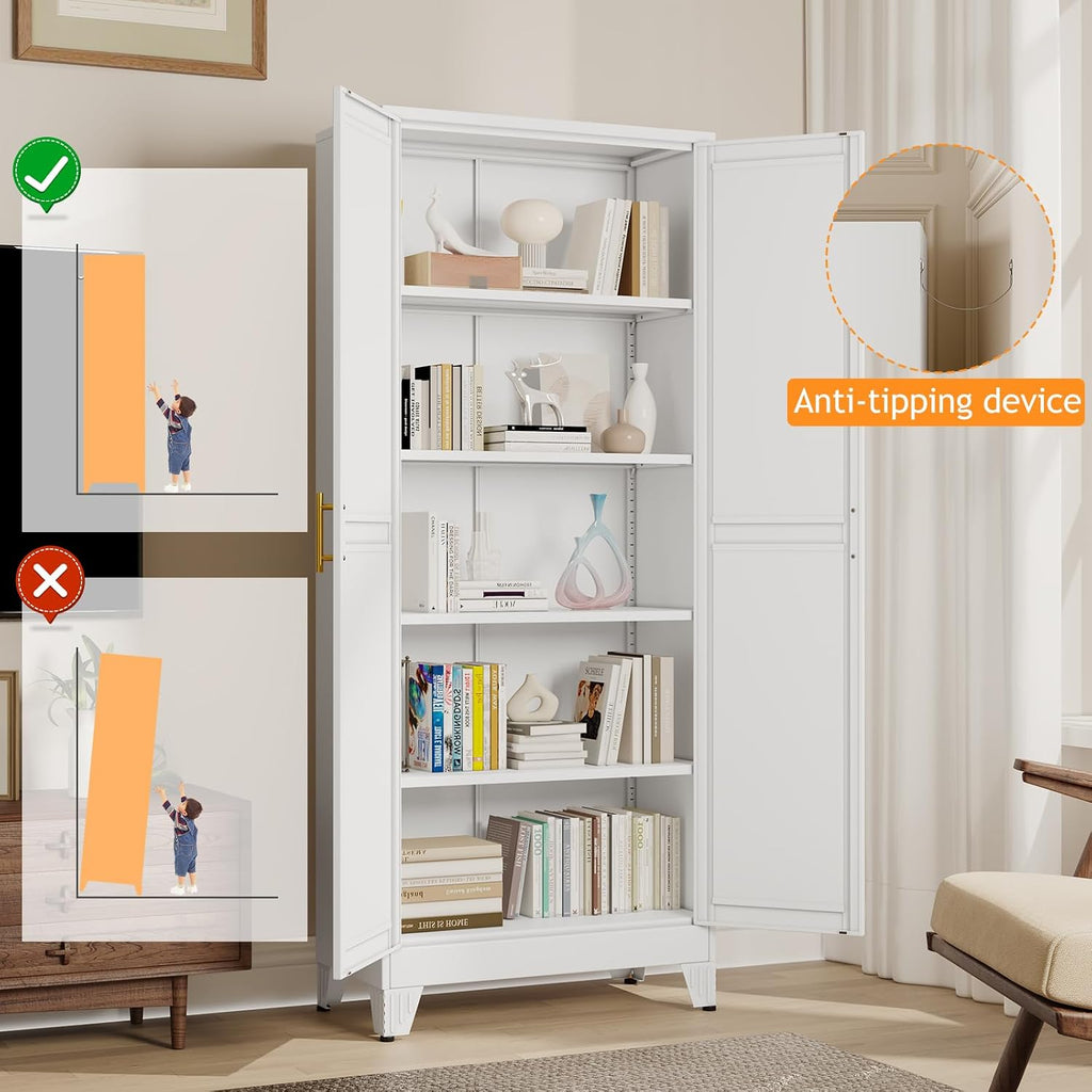 71" Tall Metal Pantry Storage Cabinet with Doors and 4 Adjustable Shelves, White Kitchen Food Pantry Cabinets, Tall