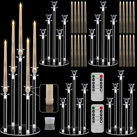 4 Set Acrylic Candelabra Centerpiece Clear Candle Holders with 20 LED Candles 5 Arm Holder for Tables with Remote