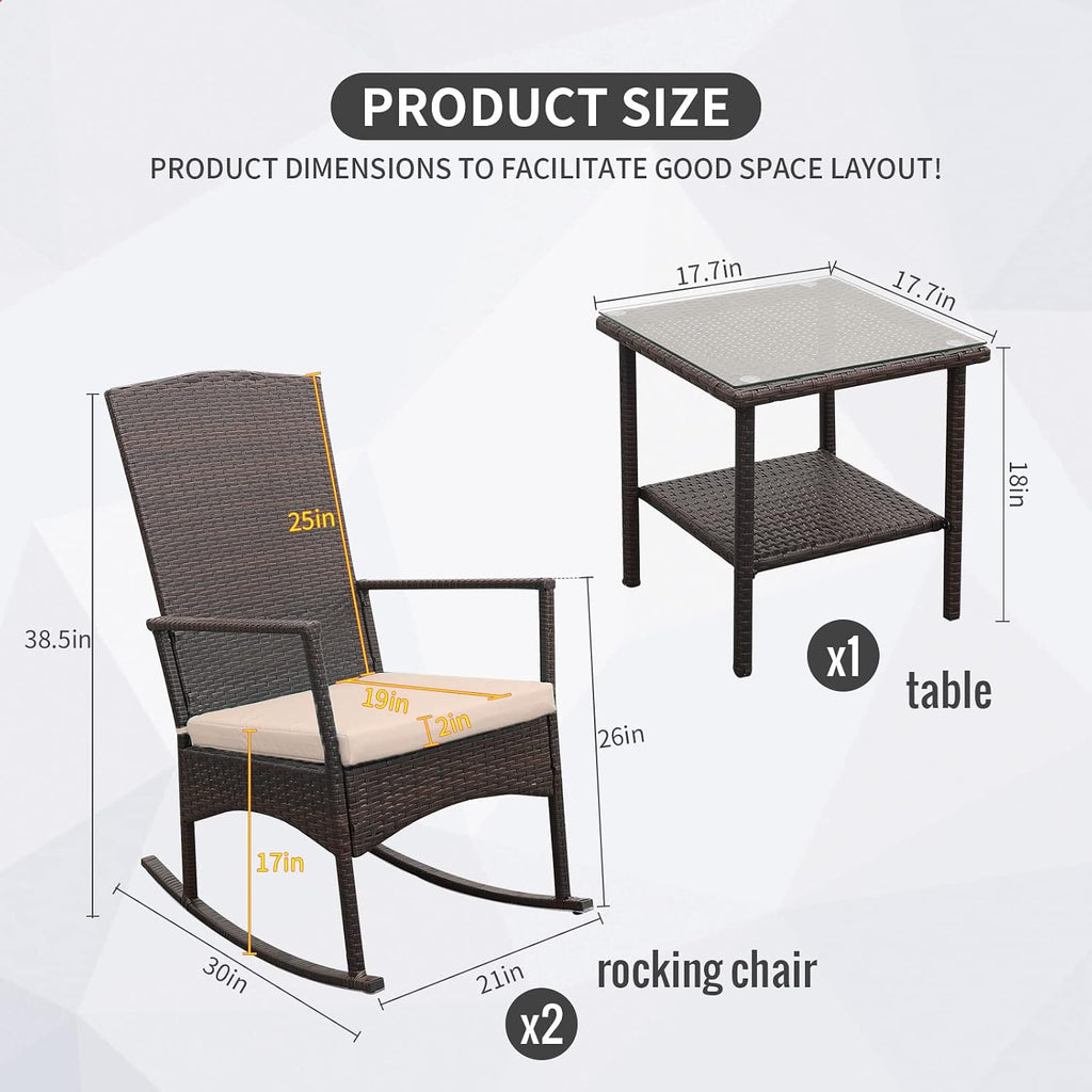Outdoor HDPE Wicker Rocking Chair 3-Piece Patio Rattan Bistro Set 2 Rocker Armchair and Glass Coffee Side Table