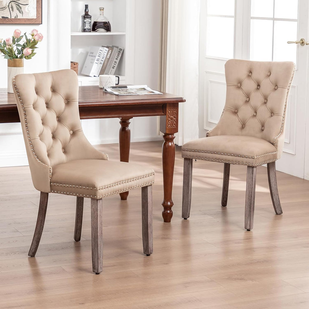 Velvet Dining Chairs Set of 6, Upholstered Dining Room Chairs with Nailhead Ring Pull Trim, Button Tufted Wing Back