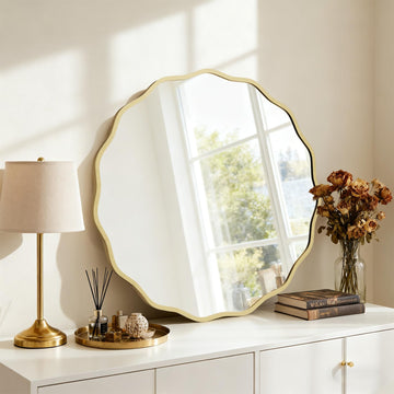 28" Wavy Round Wall Mirror, Gold Scalloped Circle Mirror Edge Round with Metal Frame, Modern Decorative