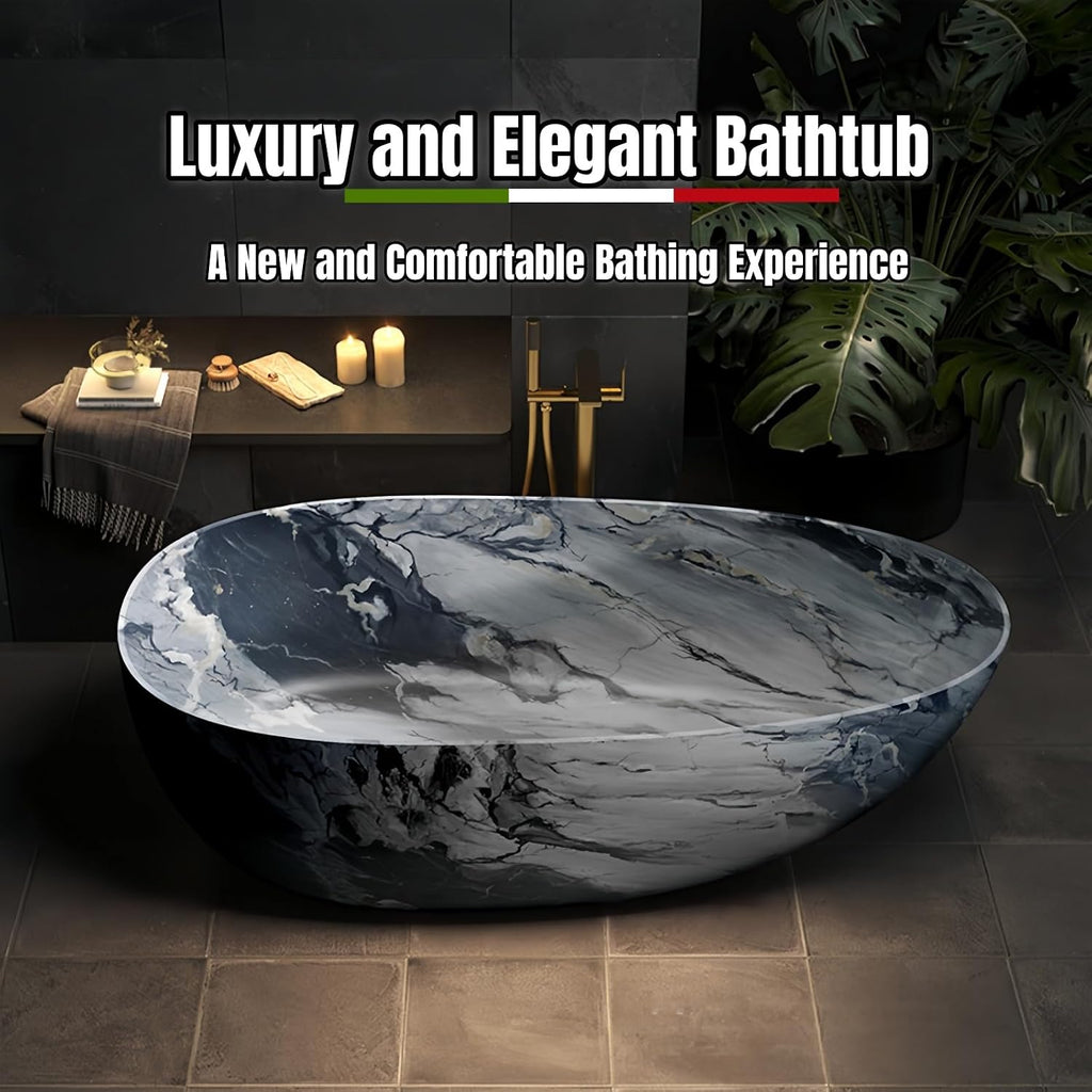 52" Edeyeu Freestanding Bathtub - Solid Surface Bathtub Soaker Tub with Marble Design, Extra Deep Freestanding Tub