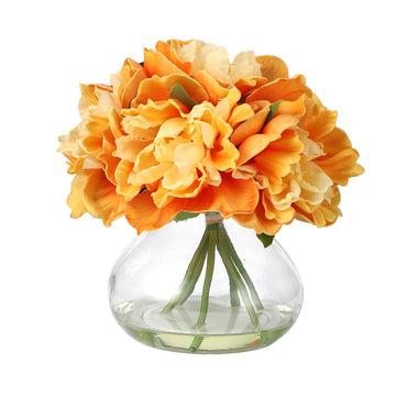 Orange Peonies Artificial Flowers with Glass Vase, Silk Faux Peony Flower Arrangement with Faux Water, Fake Flowers