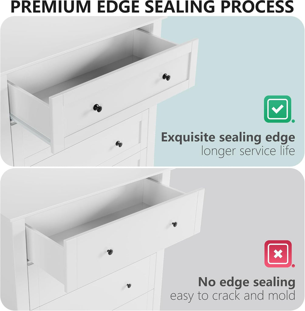 White 5-Drawer Dresser , 42.7"H Storage Drawers Organizer | Modern Lacquered Chest of Drawers, 15.8"D x 31.5"W x
