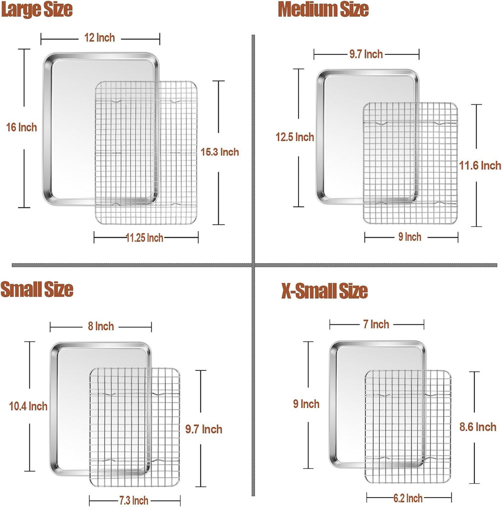 16 + 12.5 + 10.4 + 9 Inch Sheet & Rack, Pan and Grid Rack | 8 Pcs (4x Cookie Sheets + 4x Cooling Racks), 4 Sizes