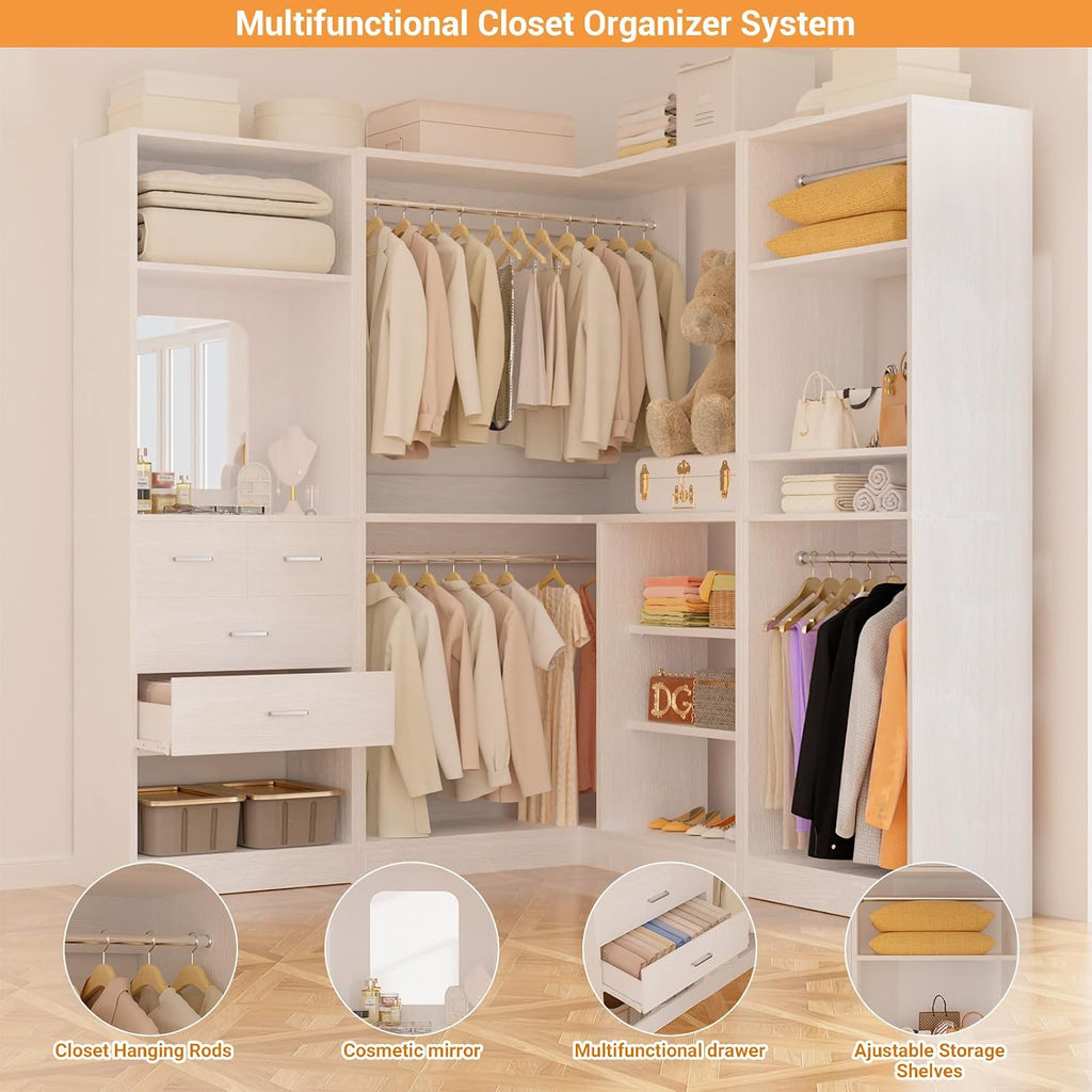 86" Closet System, Large Corner Closets Organizer with Hanging Rods and Mirror Design, Freestanding Adjustable Wood