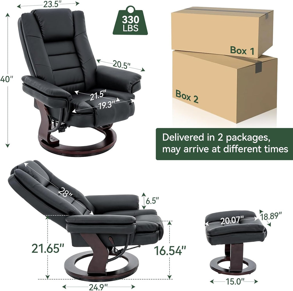 Modern Reclining Swivel Lounge Chair and Ottoman — Black PU Leather