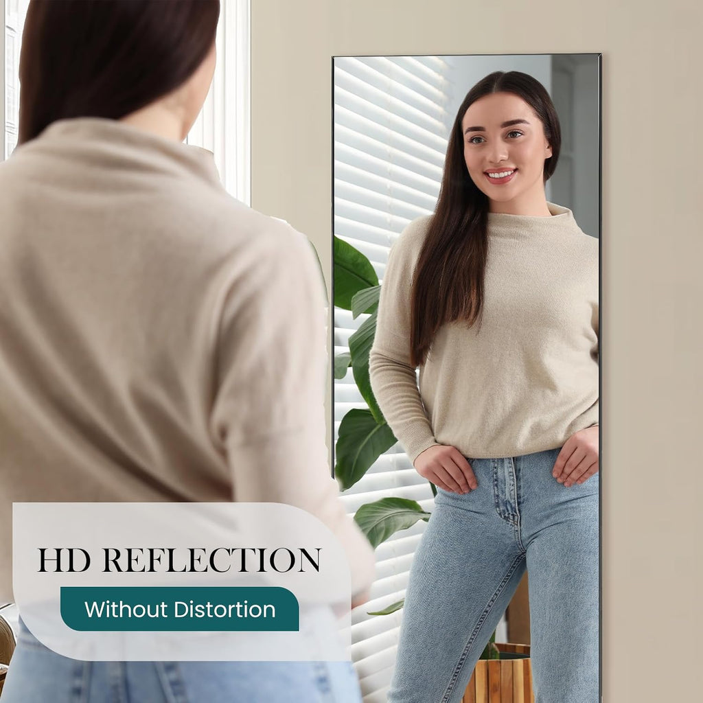 64"x21" Full Length Mirror, Full Body Mirror, Black, Aluminum Alloy Thin Frame, Leaning or Hanging