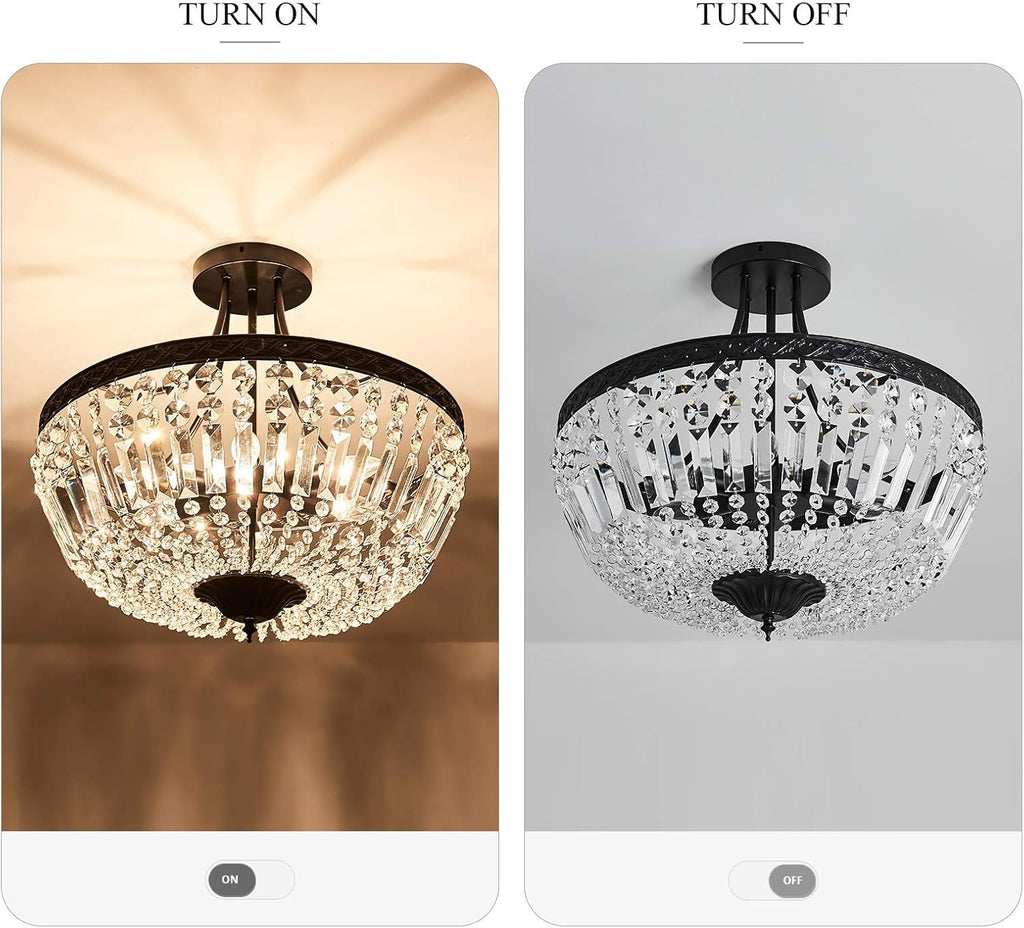 5-Light E12 Round Crystal Ceiling Light Fixture Modern Semi Flush Mount Chandelier Ceiling Lamp for Living Room