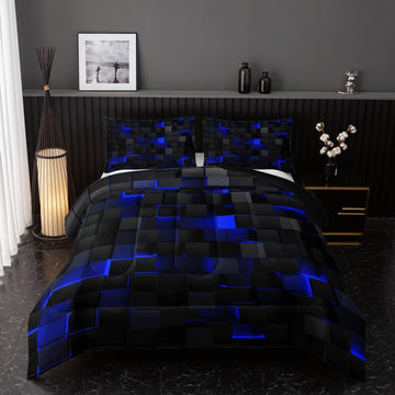 Neon Blue Black Comforter Set Twin Geometric Kids Bedding Set,3 PCS Geometry Honeycomb Bed Set Modern Quilt Set 1 - Set of 3