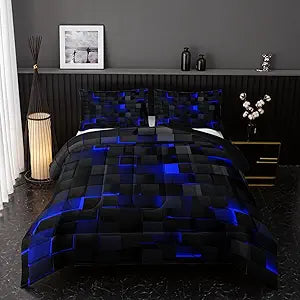Neon Blue Black Comforter Set Twin Geometric Kids Bedding Set,3 PCS Geometry Honeycomb Bed Set Modern Quilt Set 1 - Set of 3