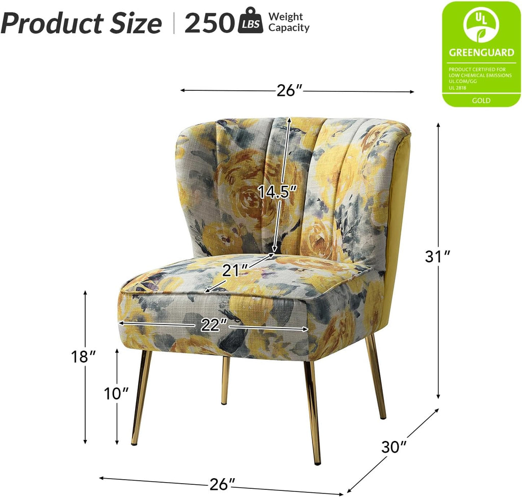 Accent Chair with Golden Legs, Comfy Tufted Wingback Living Room Chair Floral Fabric Small Armless Side Chair