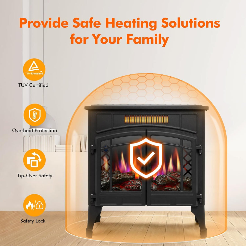 Freestanding Electric Fireplace Stove Heater with 3D Realistic Flame Effect, Overheat Protection, Indoor Space Heater, 750W/1500W, Retro Brown