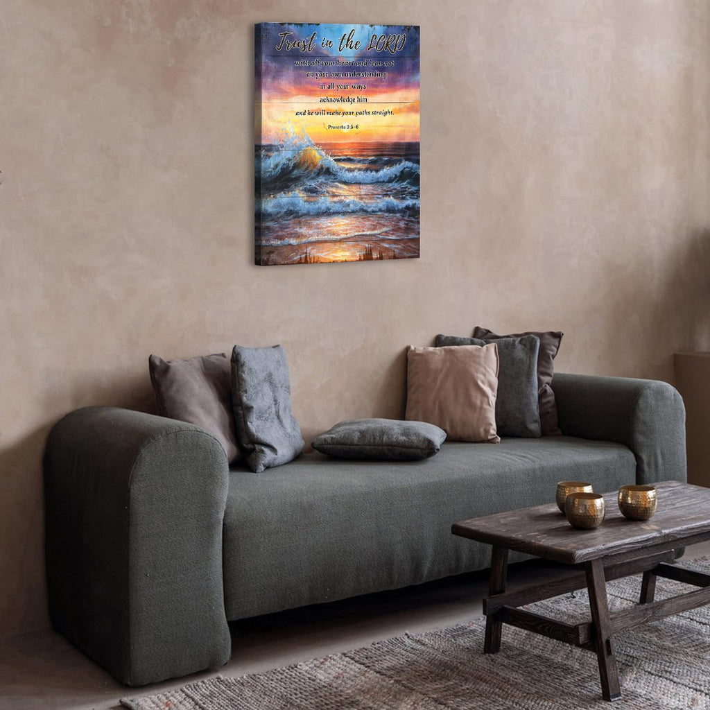Ocean Scripture Wall Art Proverbs 3 5-6 Christian Bible Verse Wall Decor Trust in The Lord With All Your Heart Canvas