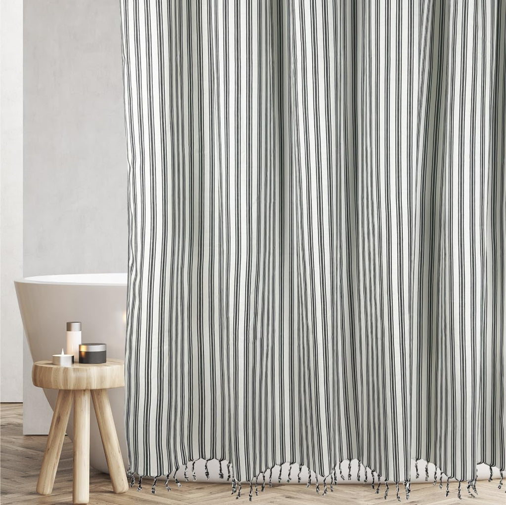 Modern Transitional Stripe Shower Curtain with Tassels - Vertical Off White/Cream with Black Striped Lines, 72" x 72"