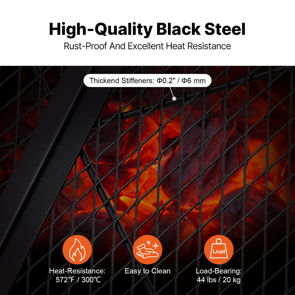 X-Marks Fire Pit Grill Grate, Foldable Round Cooking Grate, Heavy Duty Steel Campfire BBQ Grill Grid with Handle and