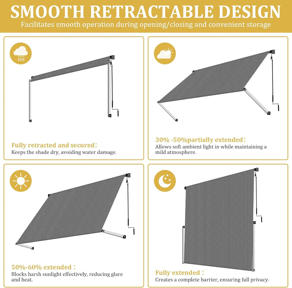 120" X 96" Manual Retractable Awnings Shades Roll Up Outdoor Sunshade Cloth for Backyard, Garden, Balcony, Grey