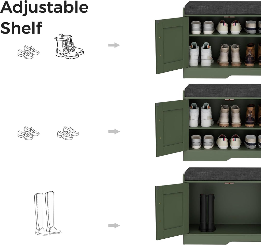 2-Tier Storage Bench, Shoe Bench with Thickened Padded Seat Cushion, Entryway Bench with 4 Doors, Adjustable Shelf