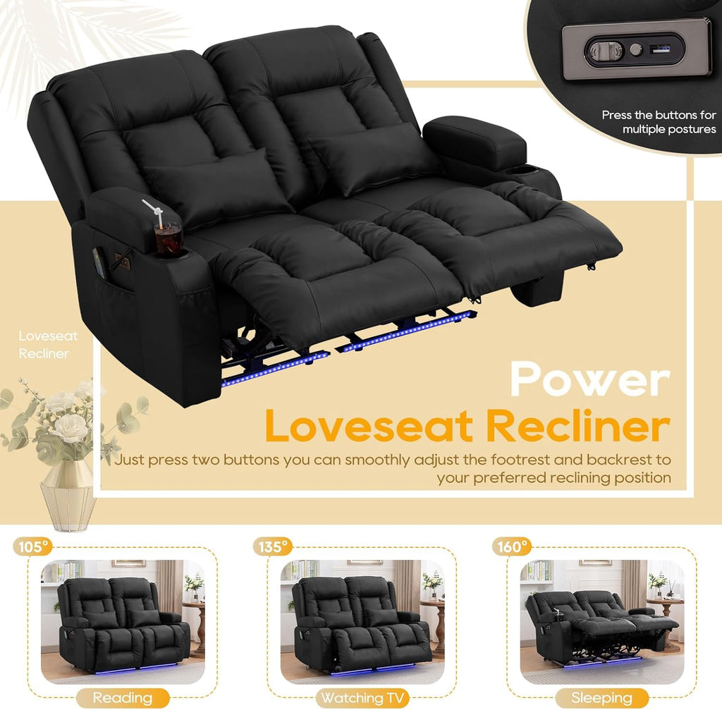 54" Power Loveseat Recliner Sofa, Electric Home Theater Seating with Massage Heat/4 Colors Ambient Lights/USB