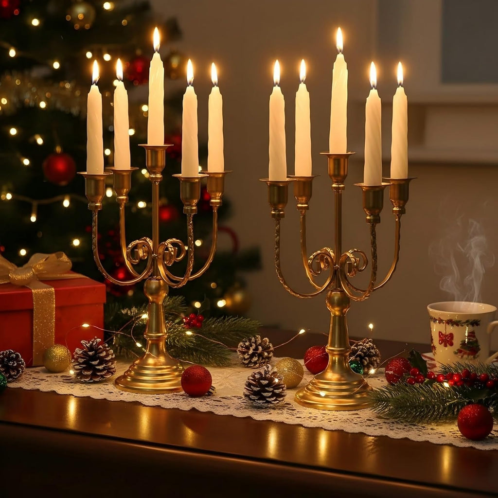 2Pcs Gold Candelabras Centerpieces for Tables, 11.8" Candlestick Holder for Taper Candles, 5 Arm Brass Candelabra