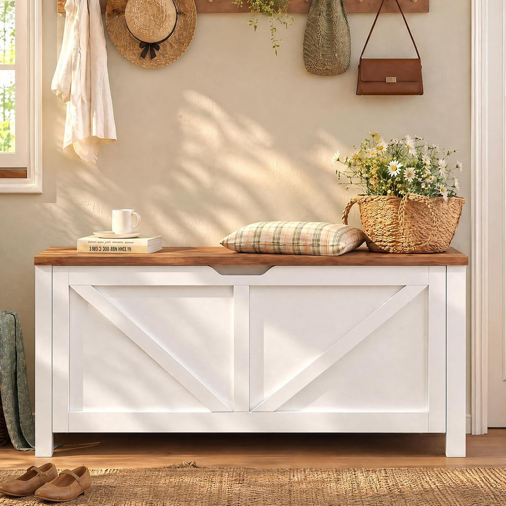 47.2" Storage Chest, Farmhouse Large Storage Bench with 2 Safety Hinges, Wooden Storage Trunk with Flip-Top, Toy