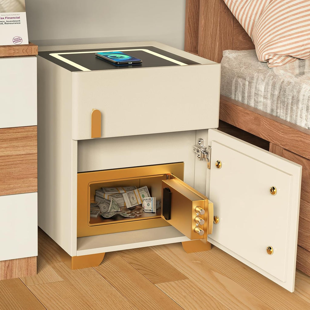 Smart Nightstand with Drawer and Safe, Nightstand with Wireless Charging, Smart Bedside Tables, LED Night Stand