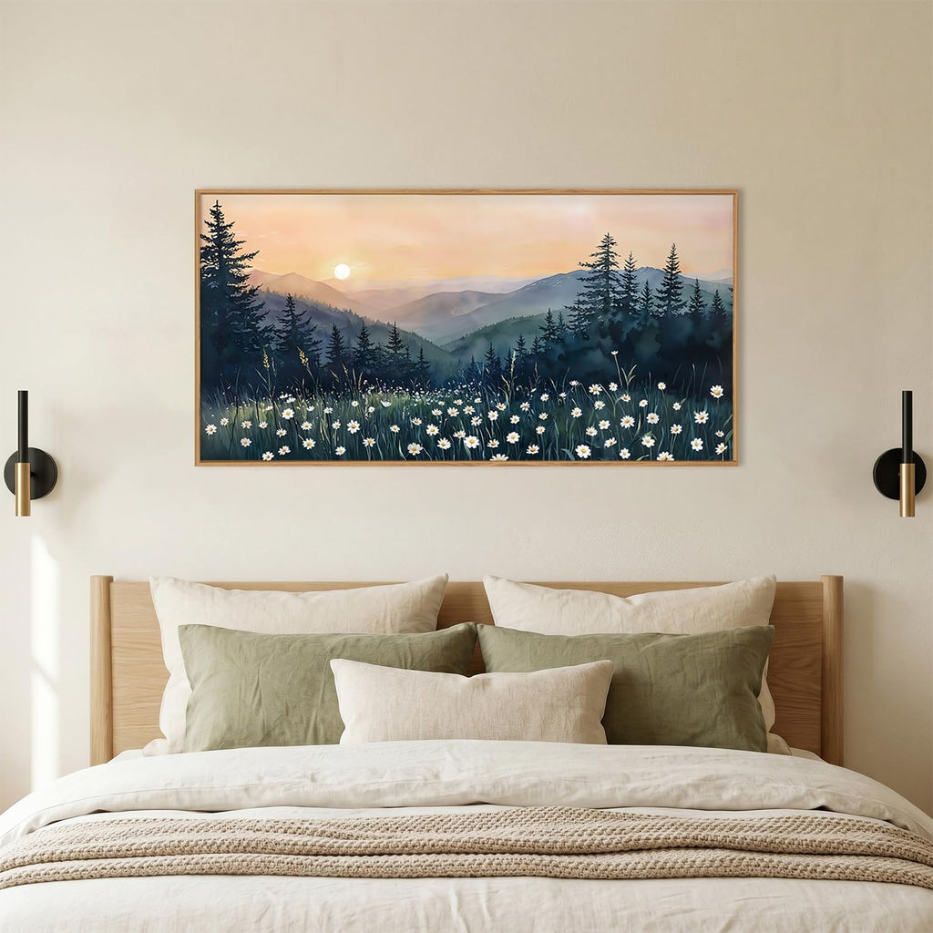 Mountain Floral Landscape Framed Canvas Wall Art Set,Watercolor Forest Wall Decor,Misty Pine Tree Art Prints,Nature