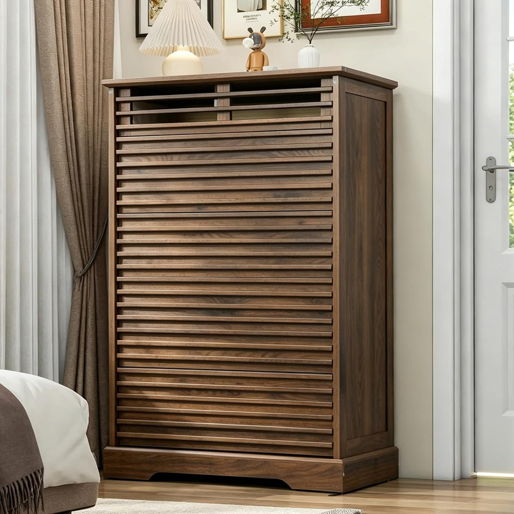 Fluted 5 Drawer Dresser, 46'' Tall Vertical Dresser with Led Light, Farmhouse Brown Wood Chest of Drawers with Grille