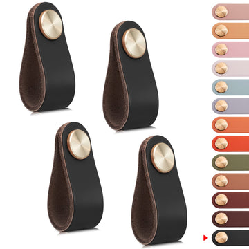 4 Pack Leather Drawer Pulls Black Cabinet Handles Single Hole Dresser Knobs Cabinet Door Handle, Faux Leather Pulls