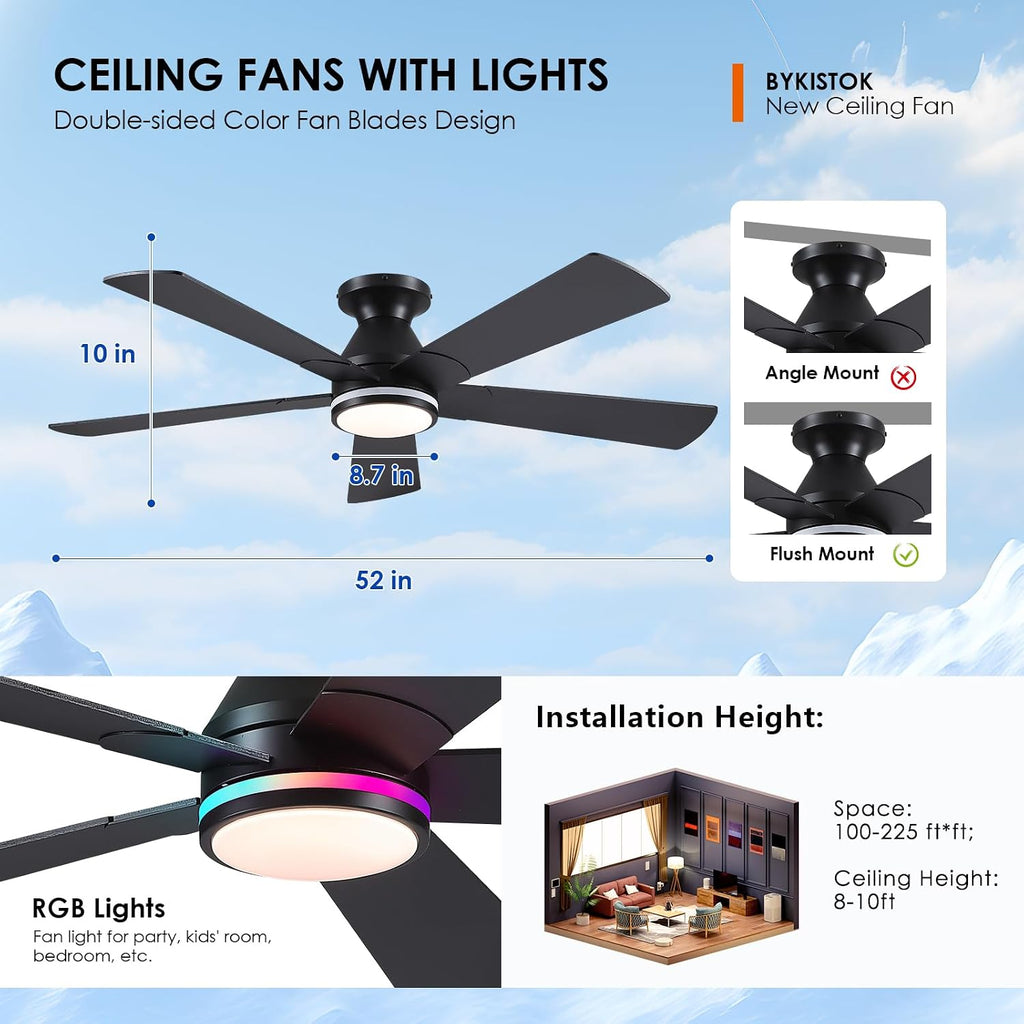 52In Black RGB Ceiling Fans with Lights - Flush Mount Low Profile Ceiling Fan Light with Remote/APP, RGB+3CCT 6 Wind Speeds and Reversible, Modern Fan Light Fixture for Party, Kid's Room