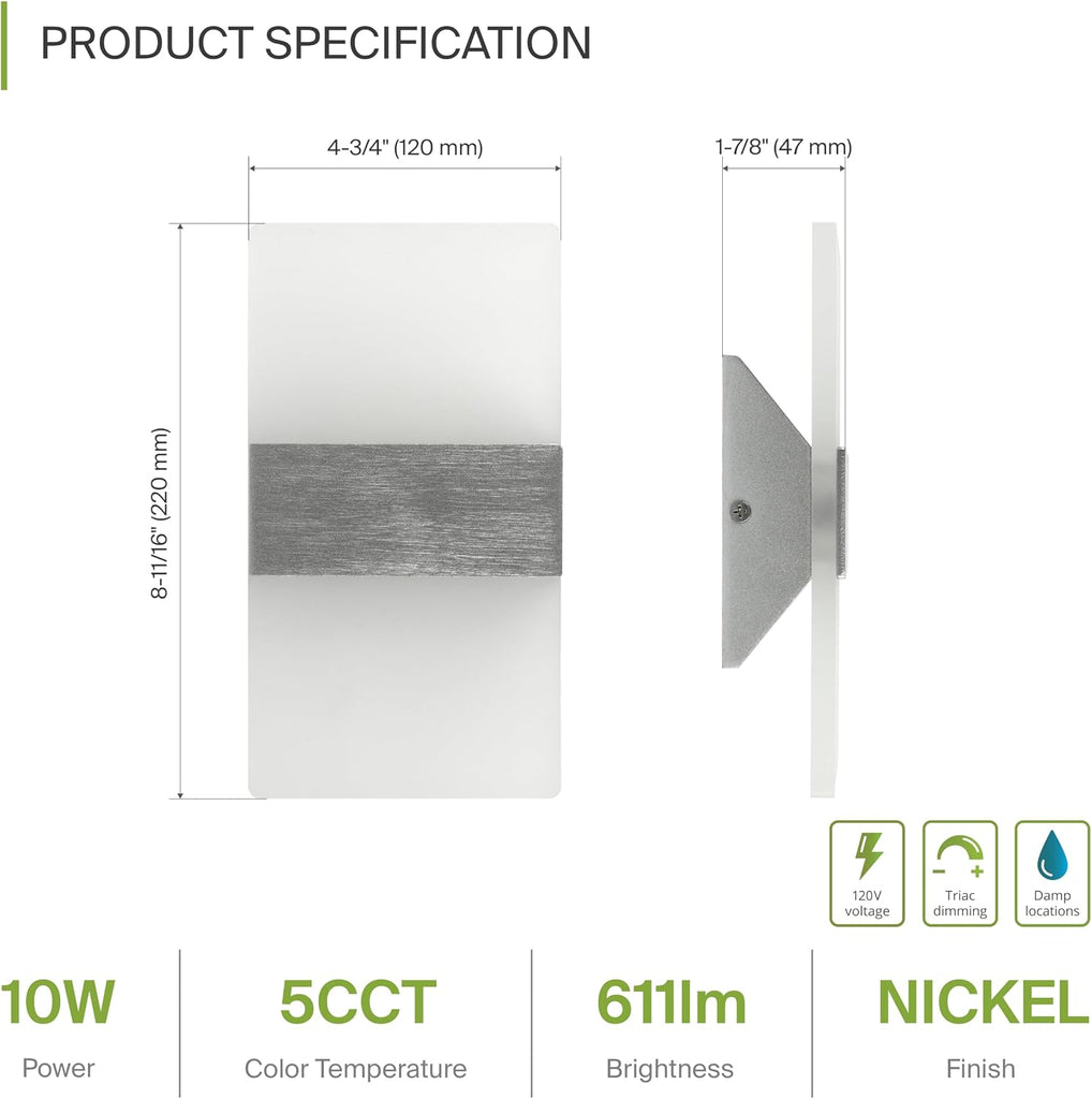 8 Inch Indoor LED Wall Sconce - 10W 2700K-5000K Dimmable Brushed Nickel Wall Sconce Lights - Modern Wall Sconces