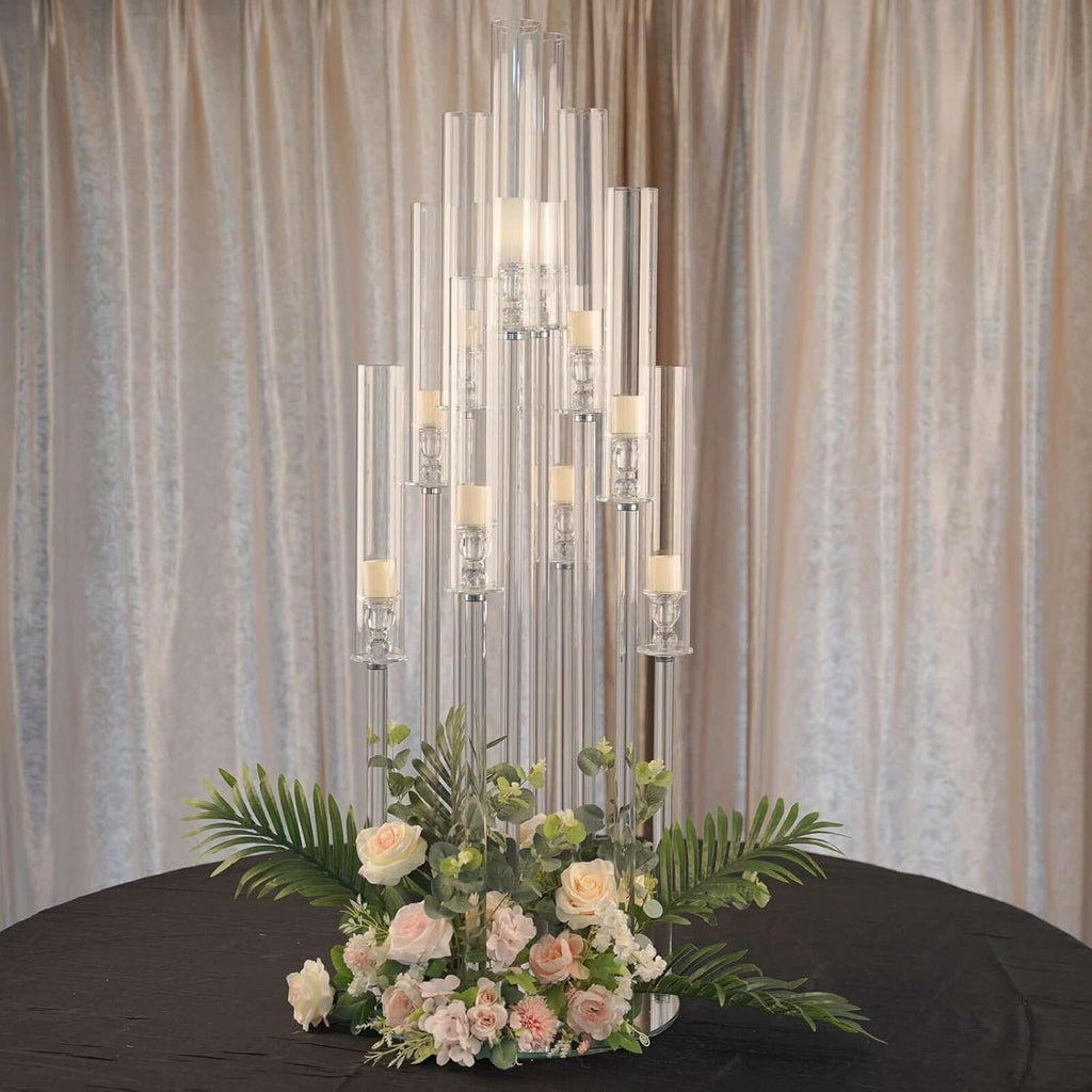 47" Tall - 10 Arms Clear Crystal Cluster Round Candelabra, Pillar Candle Holders with Mirror Base , Party Decorations