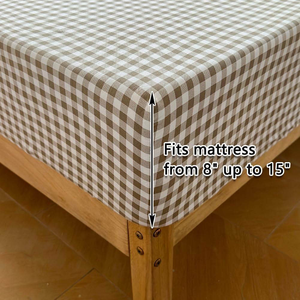 Tan Gingham Ruffle Sheet Set, Taupe Soft Pre-Washed Microfiber Plaid Bed Sheets, 4-Pieces Farmhouse Sheet